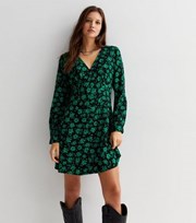 New Look Black Floral Button Long Sleeve Mini Dress